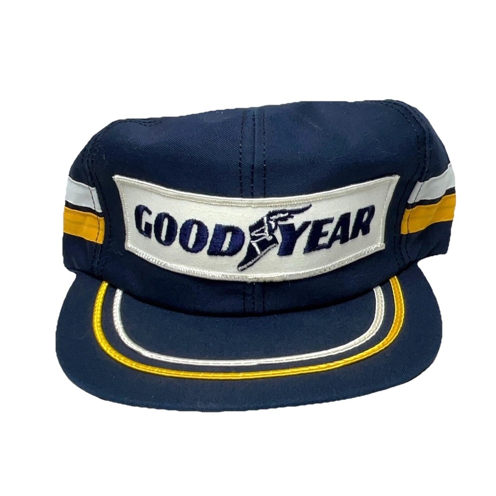 Vintage Goodyear Tire Trucker Hat Cap Side Stripes Louisville MFG 80s Made USA